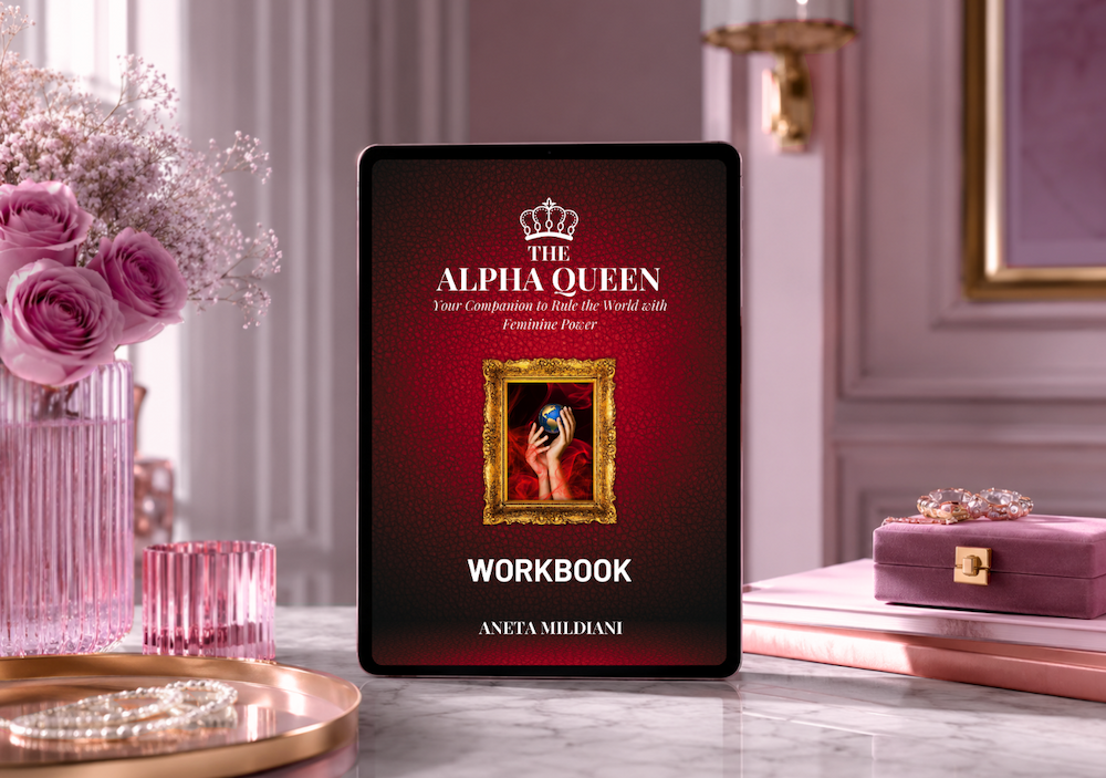 Workbook cover mockup on an exclusive pink background. Title: 'The Alpha Queen'. Author: Aneta Mildiani.