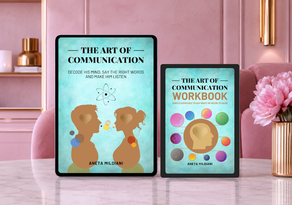 Ebook and workbook cover mockup on an exclusive pink background. Title: 'The Art of Communication'. Author: Aneta Mildiani.