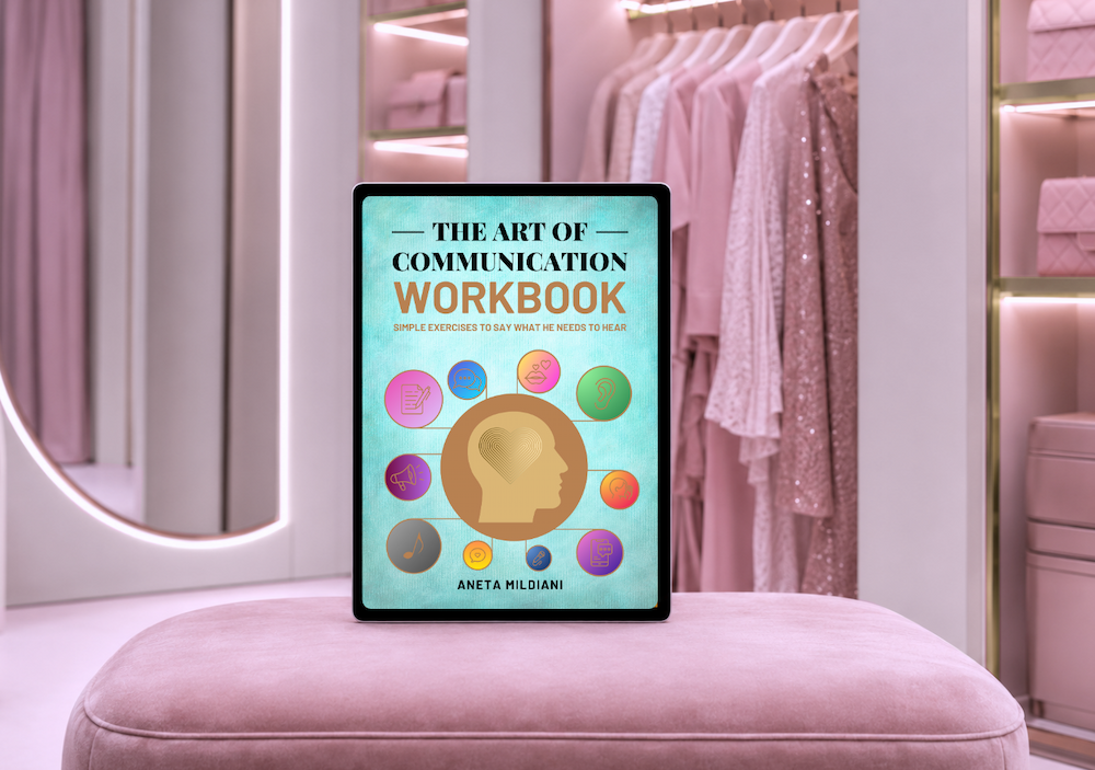 Workbook cover mockup on an exclusive pink background. Title: 'The Art of Communication'. Author: Aneta Mildiani.