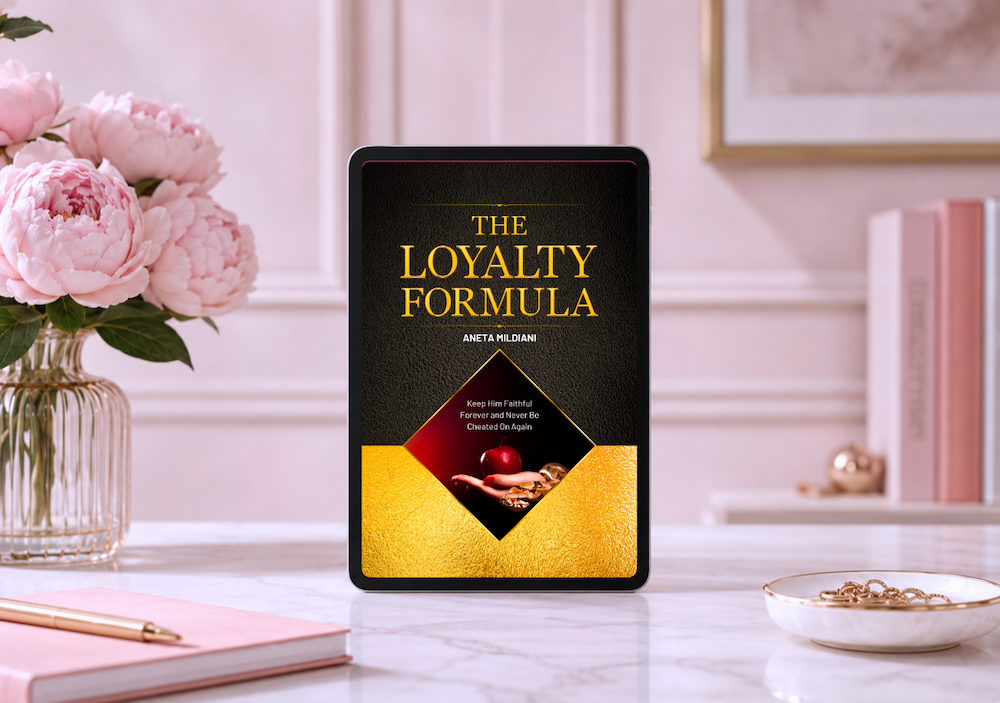 Ebook cover mockup on an exclusive pink background. Title: 'The Loyalty Formula'. Author: Aneta Mildiani.
