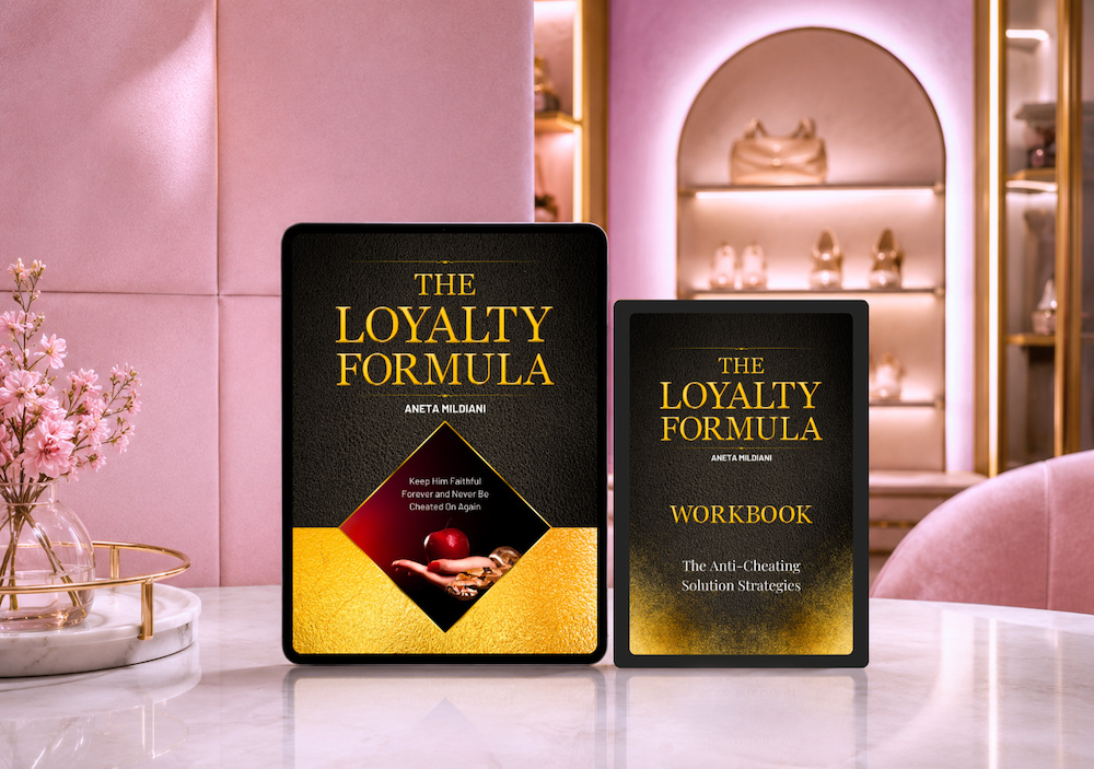 Ebook and workbook cover mockup on an exclusive pink background. Title: 'The Loyalty Formula'. Author: Aneta Mildiani.