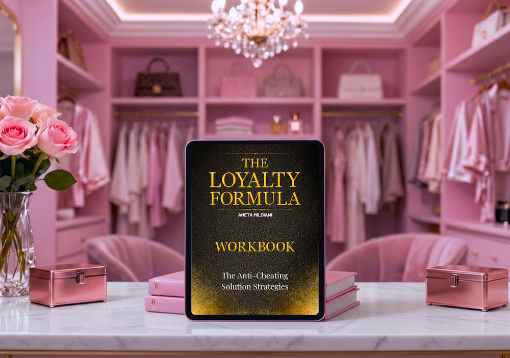 Workbook cover mockup on an exclusive pink background. Title: 'The Loyalty Formula'. Author: Aneta Mildiani.