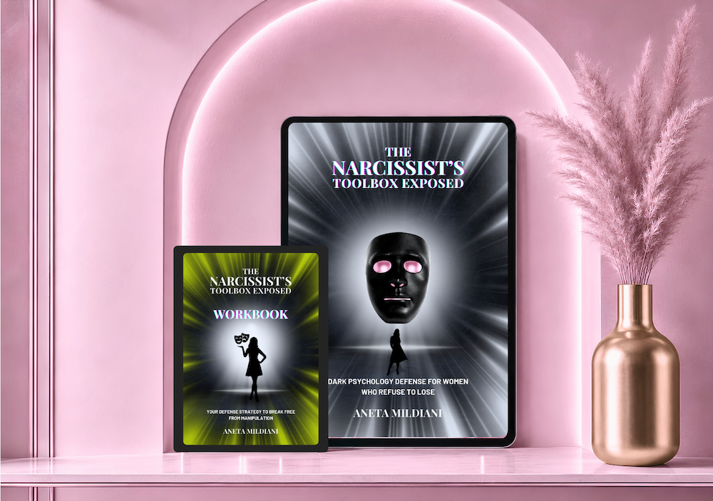 Ebook and workbook cover mockup on an exclusive pink background. Title: 'The Narcissist’s Toolbox Exposed'. Author: Aneta Mildiani. The guide to breaking free and embracing self-love and stability.