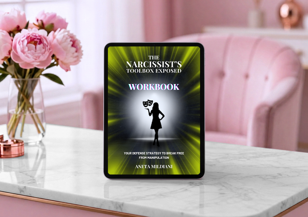 Workbook cover mockup on an exclusive pink background. Title: 'The Narcissist’s Toolbox Exposed'. Author: Aneta Mildiani. The guide to breaking free and embracing self-love and stability.