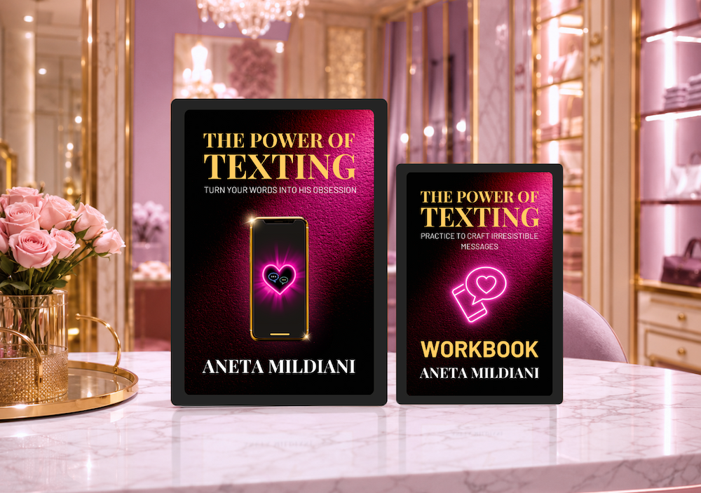 Ebook and workbook cover mockup on an exclusive pink background. Title: 'The Power of Texting'. Author: Aneta Mildiani. The definitive guide for women seeking serious love and commitment.