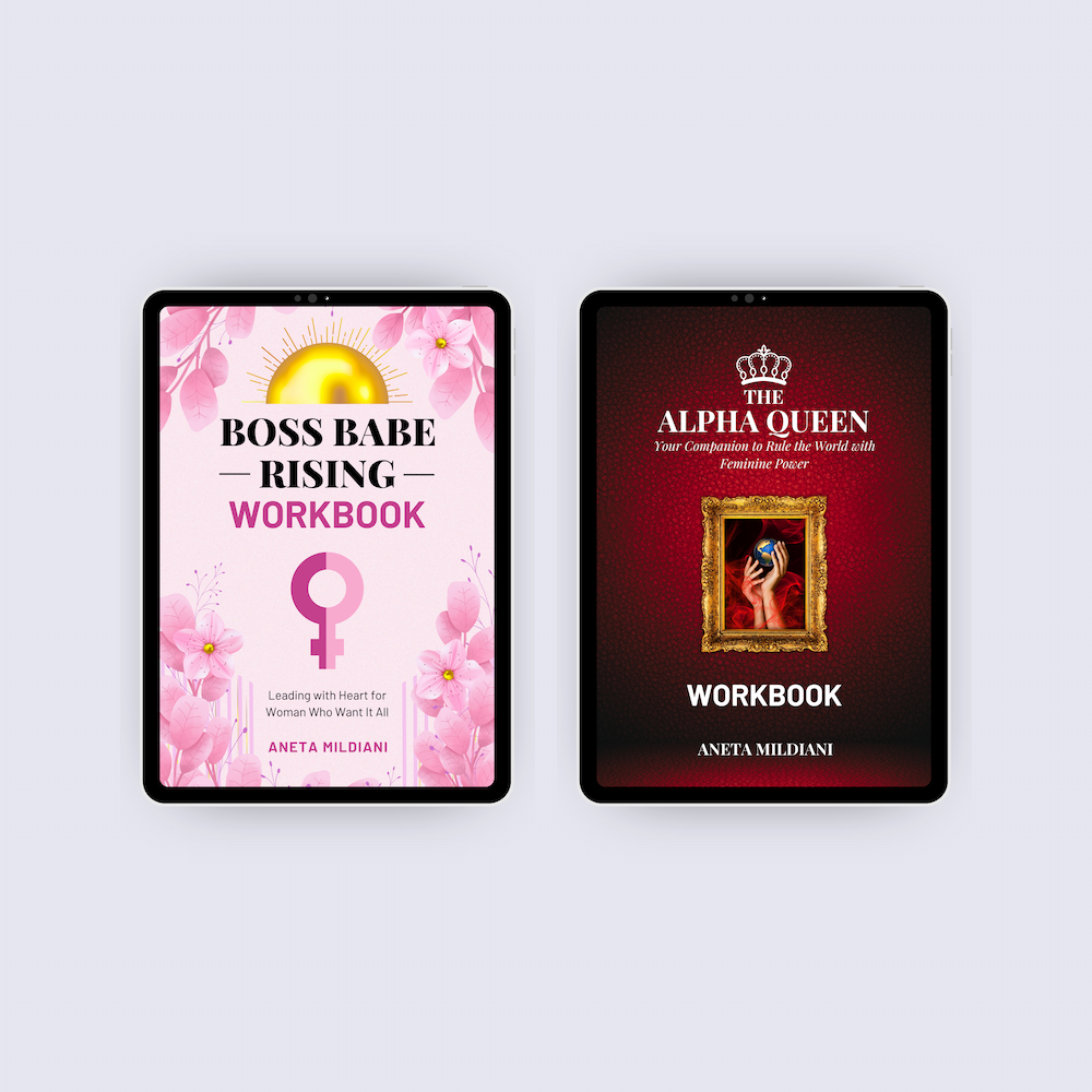 Workbook covers mockup on black tablets against a white and grey background. Author: Aneta Mildiani. Relationship coaching for powerful, magnetic communication and love.