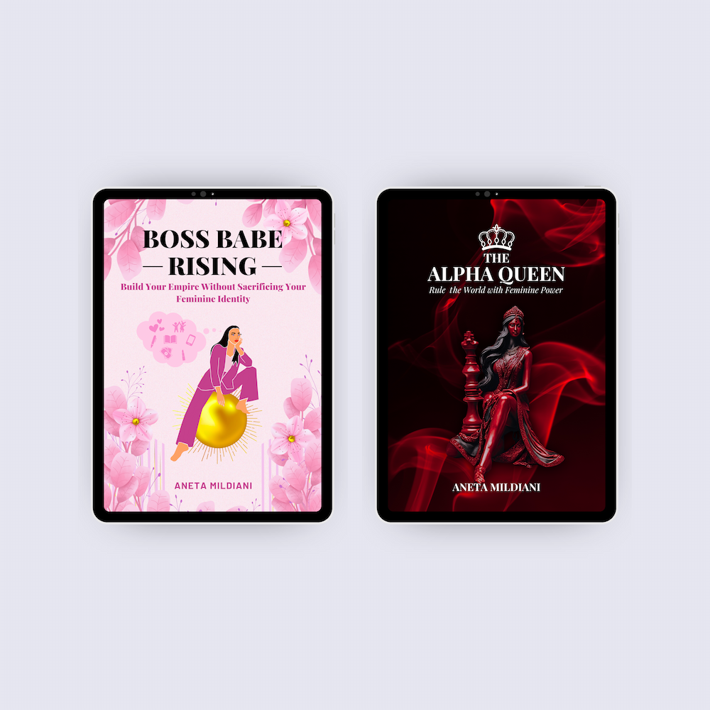 Ebook covers mockup on black tablets against a white and grey background. Author: Aneta Mildiani. Relationship coaching for powerful, magnetic communication and love.