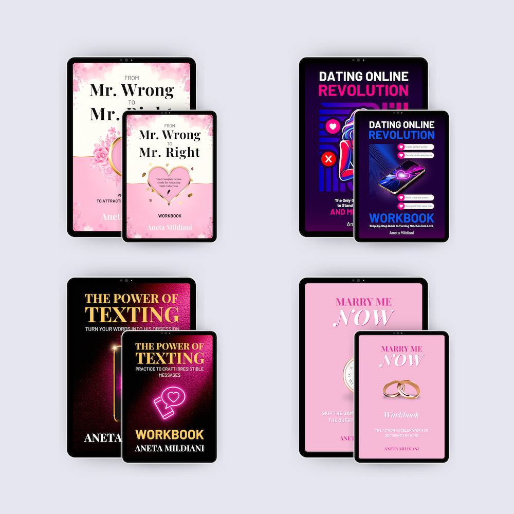 Power Kit covers mockup on black tablets against a white and grey background. Author: Aneta Mildiani. Relationship coaching for powerful, magnetic communication and love.