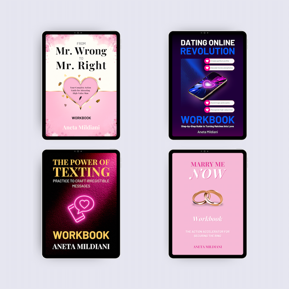Workbook covers mockup on black tablets against a white and grey background. Author: Aneta Mildiani. Relationship coaching for powerful, magnetic communication and love.