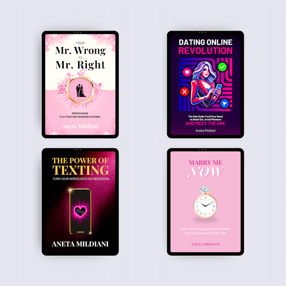 Ebook covers mockup on black tablets against a white and grey background. Author: Aneta Mildiani. Relationship coaching for powerful, magnetic communication and love.