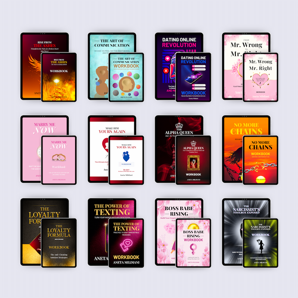 Power Kit covers mockup on black tablets against a white and grey background. Author: Aneta Mildiani. Relationship coaching for powerful, magnetic communication and love.