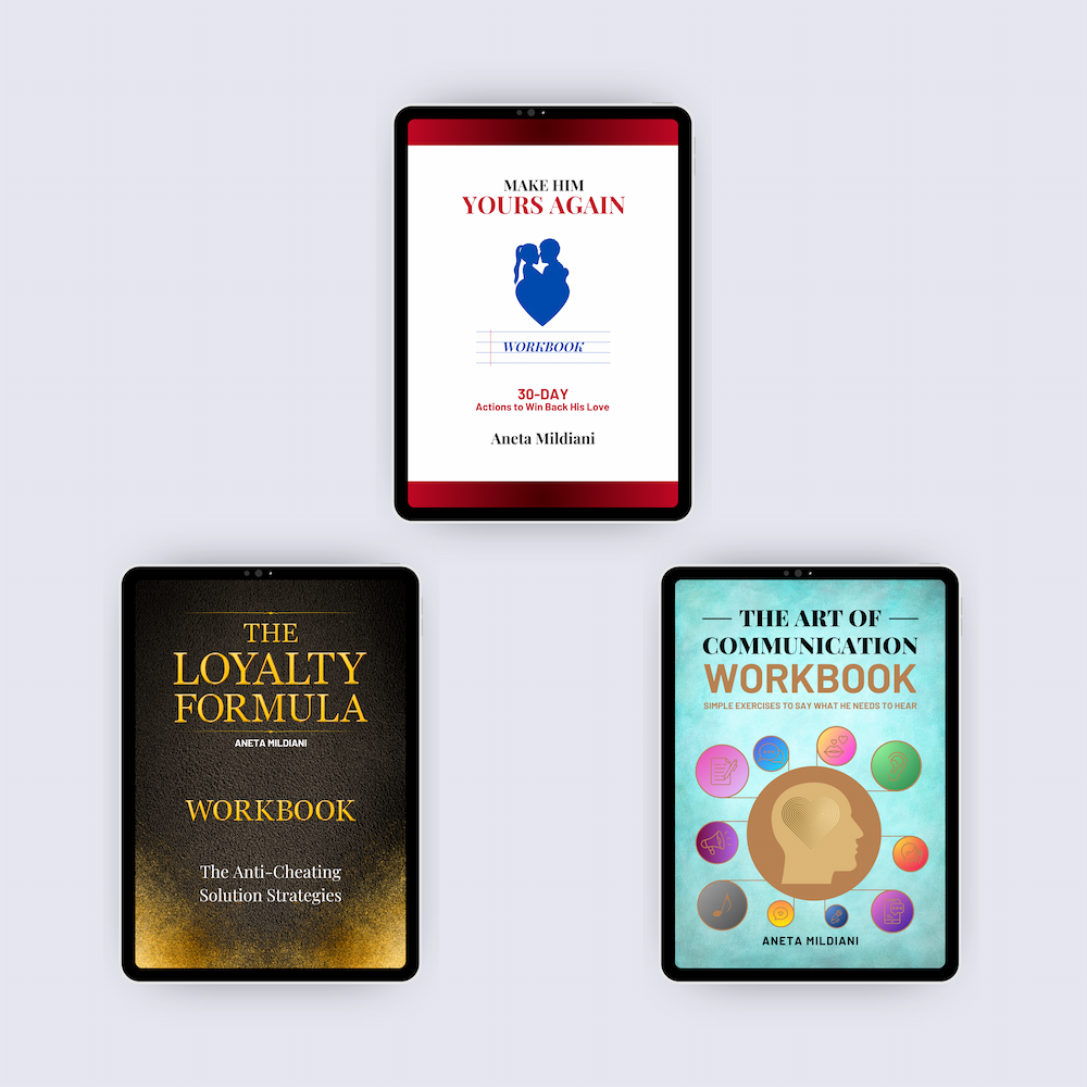 Workbook covers mockup on black tablets against a white and grey background. Author: Aneta Mildiani. Relationship coaching for powerful, magnetic communication and love.