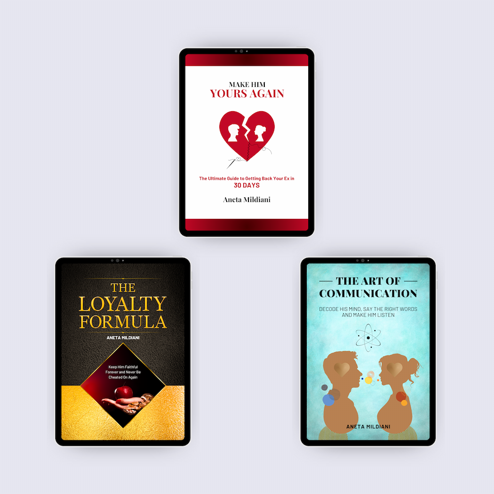 Ebook covers mockup on black tablets against a white and grey background. Author: Aneta Mildiani. Relationship coaching for powerful, magnetic communication and love.