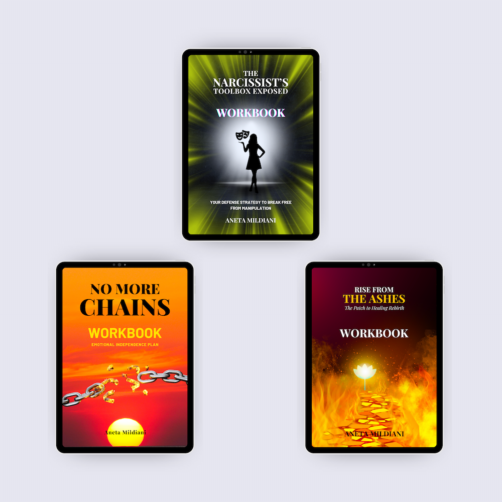 Workbook covers mockup on black tablets against a white and grey background. Author: Aneta Mildiani. Relationship coaching for powerful, magnetic communication and love.