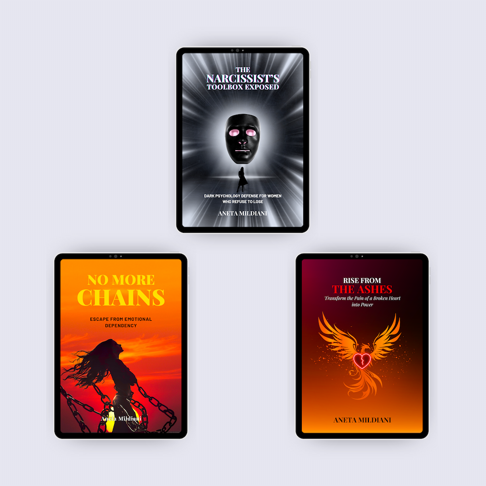 Ebook covers mockup on black tablets against a white and grey background. Author: Aneta Mildiani. Relationship coaching for powerful, magnetic communication and love.