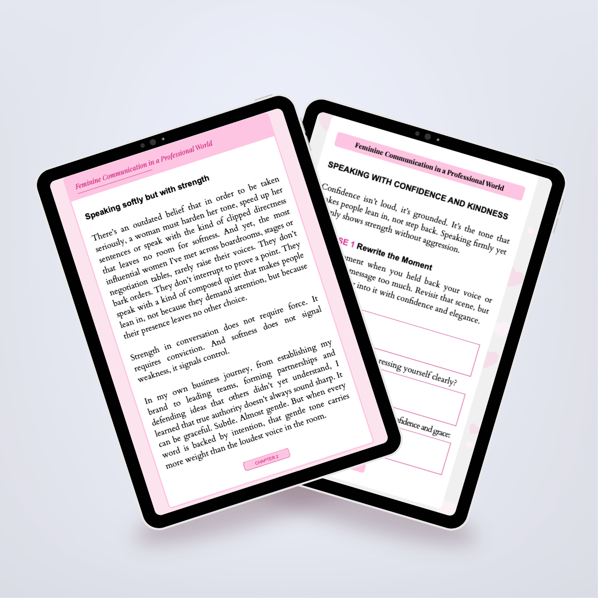 Pages from inside the Power Set shown in a tablet mockup, featuring advice for high-achieving women. Title: 'Boss Babe Rising'. Author: Aneta Mildiani. Guidance on leveraging feminine power to achieve both career success and deep love.
