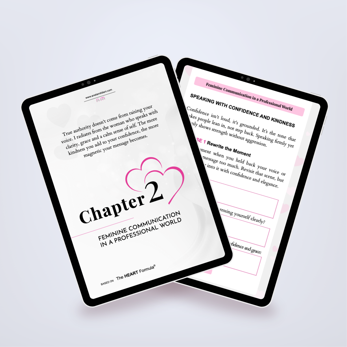 Pages from inside the workbook shown in a tablet mockup, featuring advice for high-achieving women. Title: 'Boss Babe Rising'. Author: Aneta Mildiani. Guidance on leveraging feminine power to achieve both career success and deep love.