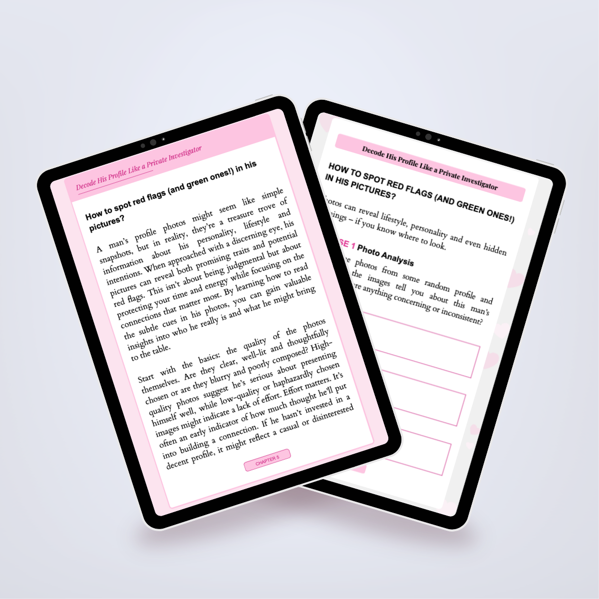 Pages from inside the Power Set shown in a tablet mockup, featuring tips for successful online dating. Title: 'Dating Online Revolution'. Author: Aneta Mildiani. Your guide to making meaningful love connections in the digital age.