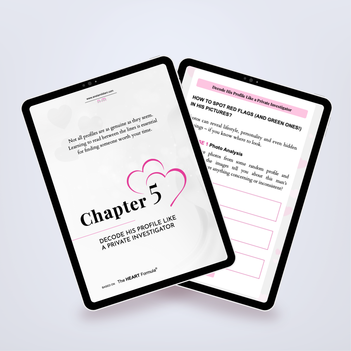 Pages from inside the workbook shown in a tablet mockup, featuring tips for successful online dating. Title: 'Dating Online Revolution'. Author: Aneta Mildiani. Your guide to making meaningful love connections in the digital age.