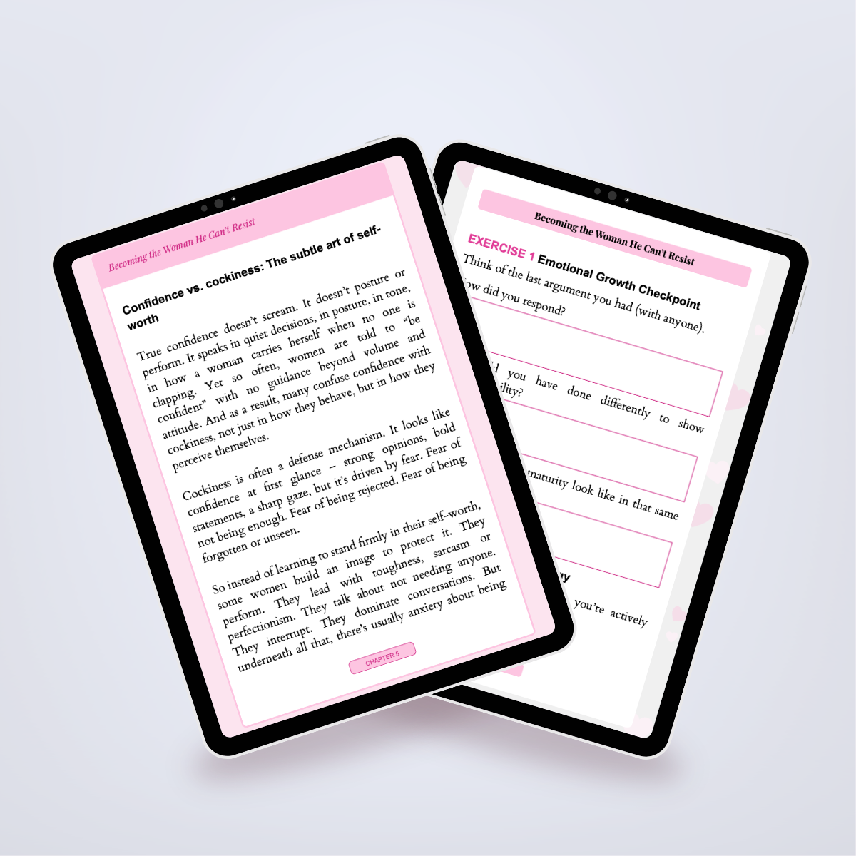Pages from inside the Power Set shown in a tablet mockup, outlining the steps to identify a committed man. Title: 'From Mr. Wrong to Mr. Right'. Author: Aneta Mildiani. Strategies for attracting a partner ready for deep, lasting love.
