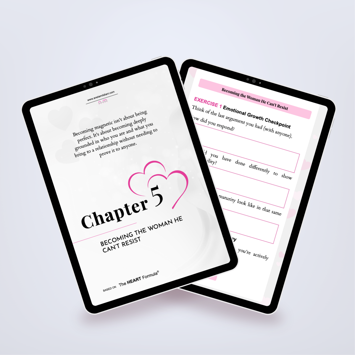 Pages from inside the workbook shown in a tablet mockup, outlining the steps to identify a committed man. Title: 'From Mr. Wrong to Mr. Right'. Author: Aneta Mildiani. Strategies for attracting a partner ready for deep, lasting love.