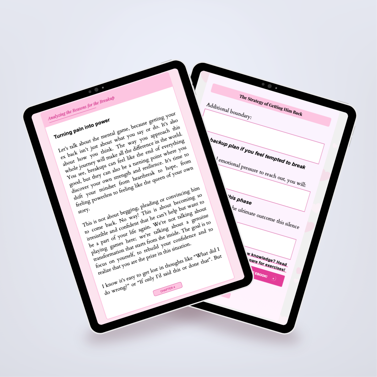 Pages from inside the Power Set shown in a tablet mockup, highlighting key relationship strategies. Title: 'Make Him Yours Again'. Author: Aneta Mildiani. Learn the secrets to rekindling love and rebuilding your relationship.