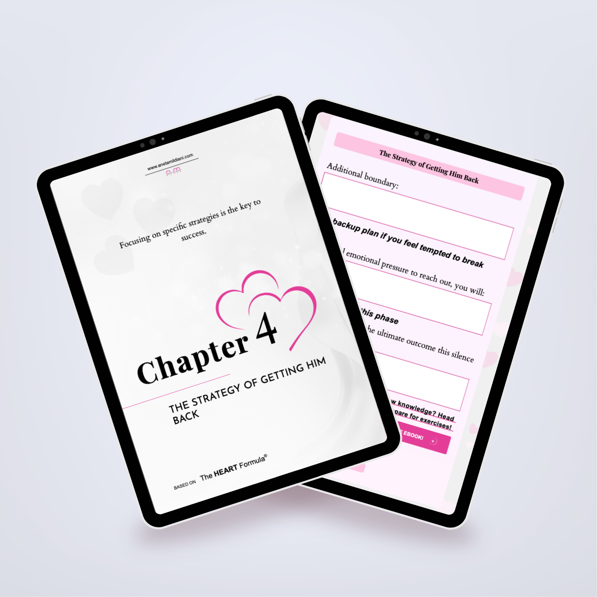 Pages from inside the workbook shown in a tablet mockup, highlighting key relationship strategies. Title: 'Make Him Yours Again'. Author: Aneta Mildiani. Learn the secrets to rekindling love and rebuilding your relationship.