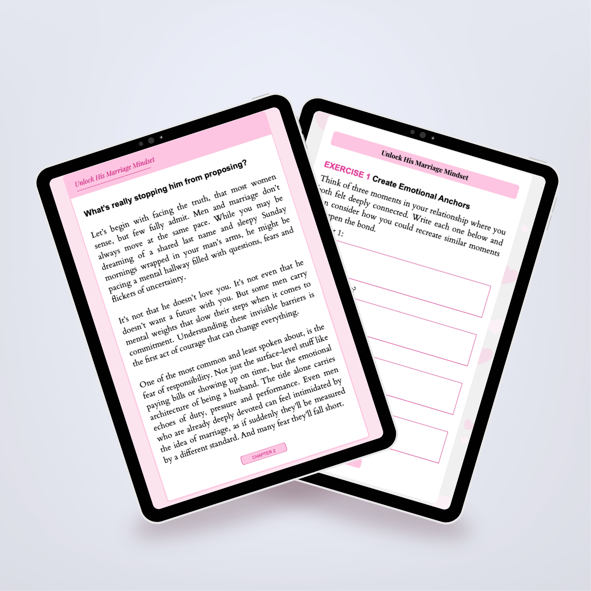 Pages from inside the power Set shown in a tablet mockup, featuring guidance on accelerating commitment. Title: 'Marry Me Now'. Author: Aneta Mildiani. Practical steps to move your relationship towards marriage and deep love.
