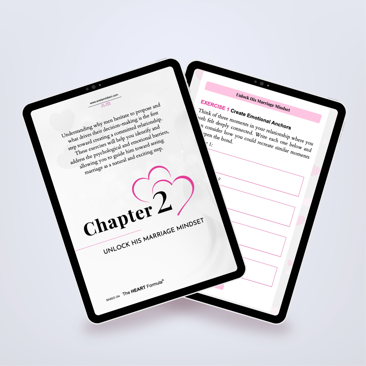 Pages from inside the workbook shown in a tablet mockup, featuring guidance on accelerating commitment. Title: 'Marry Me Now'. Author: Aneta Mildiani. Practical steps to move your relationship towards marriage and deep love.