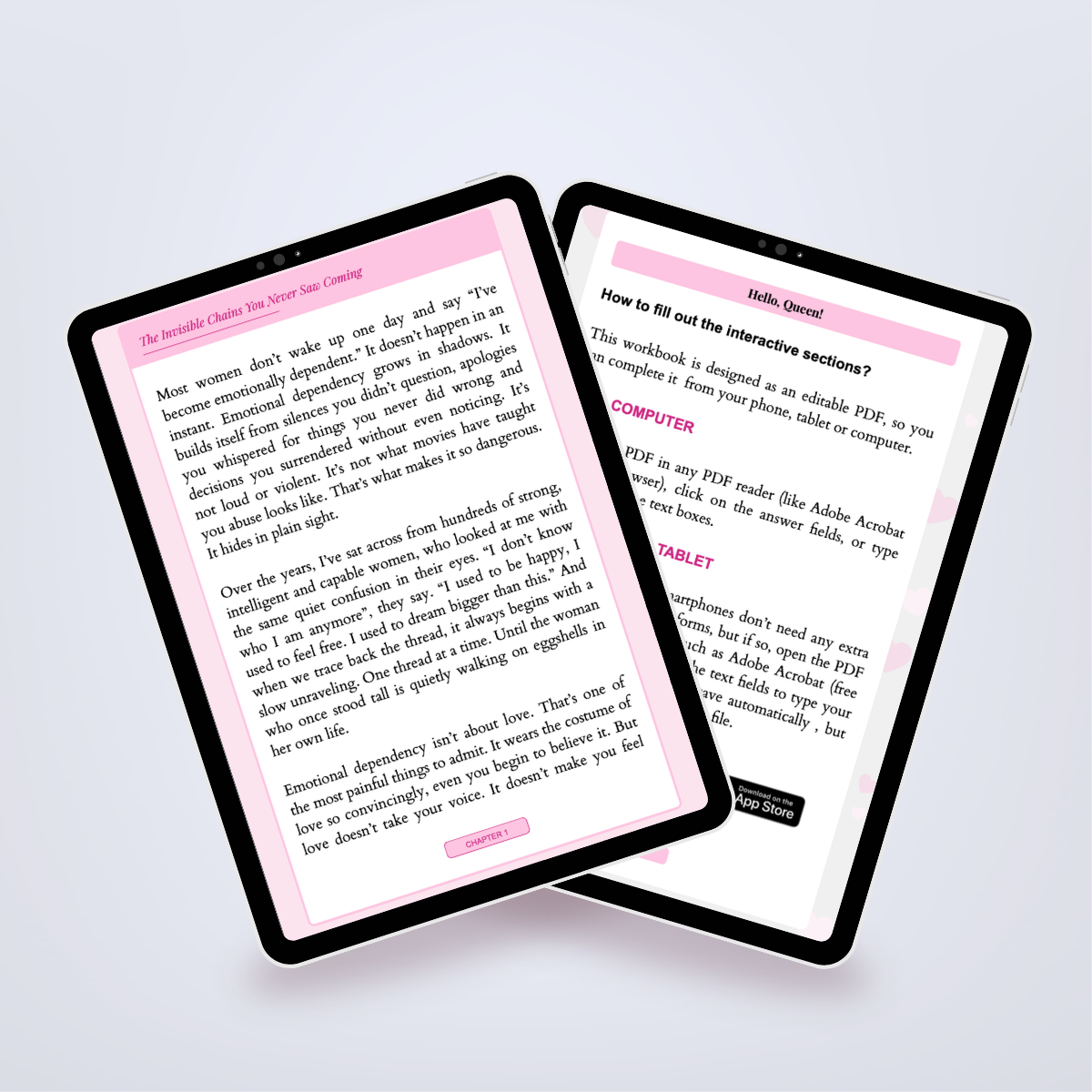 Pages from inside the Power Set shown in a tablet mockup, detailing steps to overcome codependency. Title: 'No More Chains'. Author: Aneta Mildiani. Learn to build loving, balanced relationships without unhealthy emotional need.