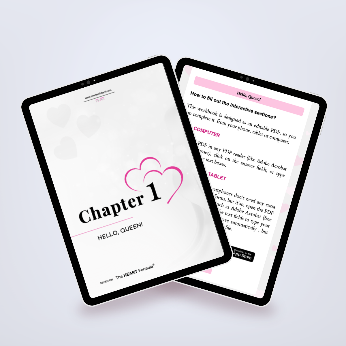Pages from inside the workbook shown in a tablet mockup, detailing steps to overcome codependency. Title: 'No More Chains'. Author: Aneta Mildiani. Learn to build loving, balanced relationships without unhealthy emotional need.