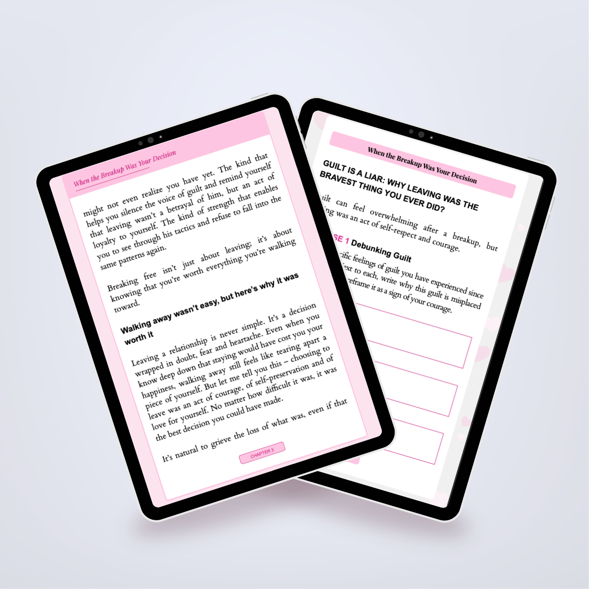 Pages from inside the Power Set shown in a tablet mockup, providing emotional healing techniques. Title: 'Rise from the Ashes'. Author: Aneta Mildiani. Your roadmap to turning heartbreak into personal power and future love success.