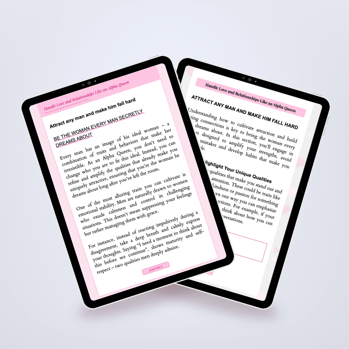 Pages from inside the Power Set shown in a tablet mockup, featuring tips on feminine leadership and attraction. Title: 'The Alpha Queen'. Author: Aneta Mildiani. Strategies for using feminine energy to attract high-value, loving partners.