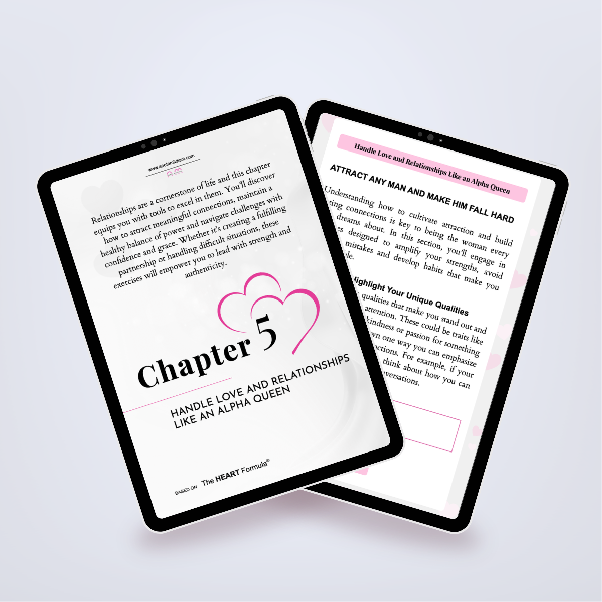 Pages from inside the workbook shown in a tablet mockup, featuring tips on feminine leadership and attraction. Title: 'The Alpha Queen'. Author: Aneta Mildiani. Strategies for using feminine energy to attract high-value, loving partners.