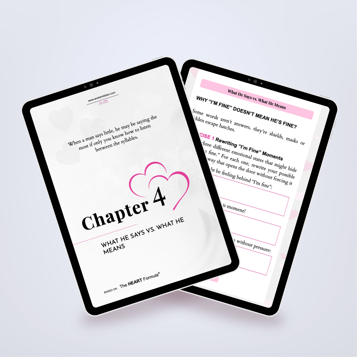 Pages from inside the workbook shown in a tablet mockup, featuring communication techniques for relationships. Title: 'The Art of Communication'. Author: Aneta Mildiani. Strategies for clear, loving dialogue and deep understanding in partnership.