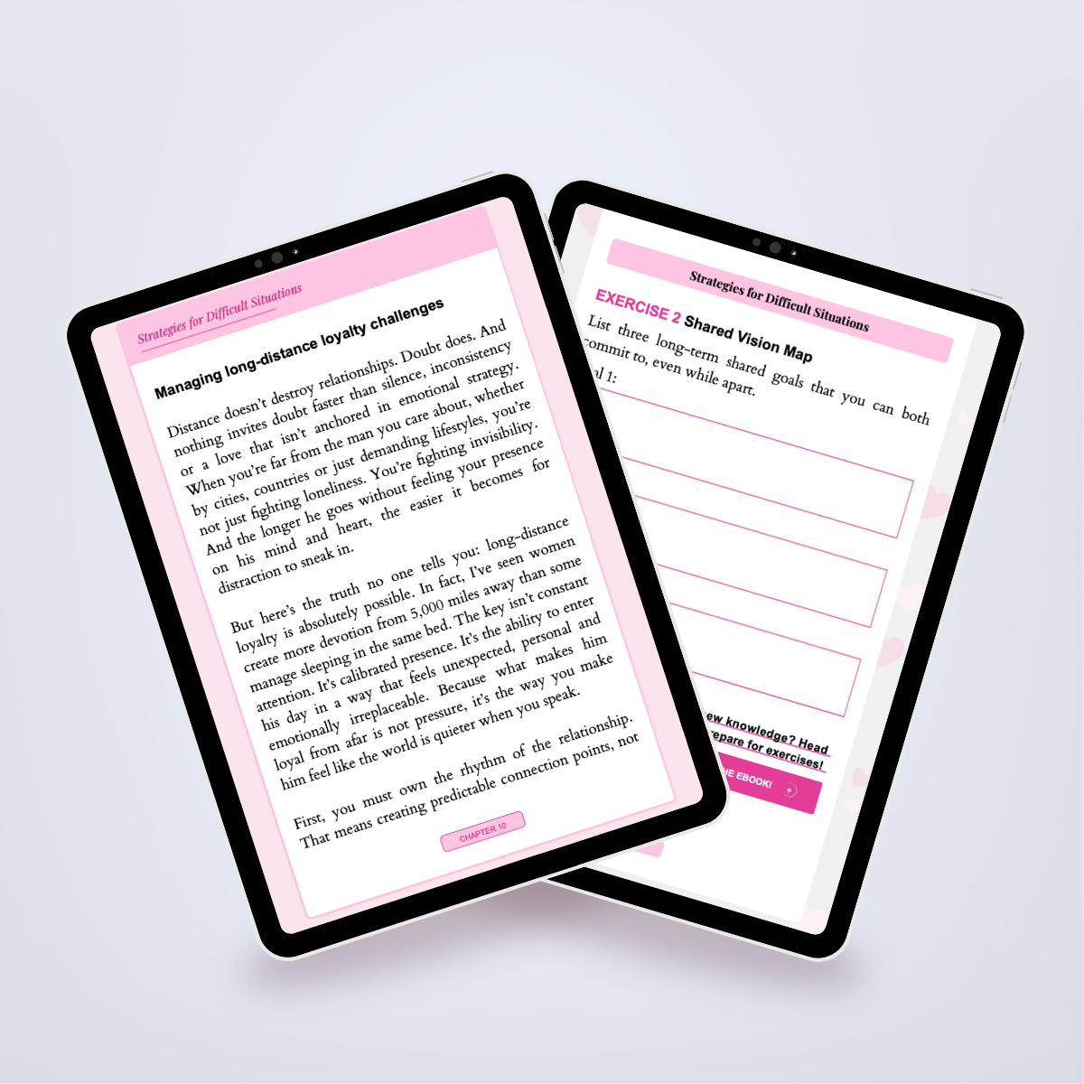 Pages from inside the Power Set shown in a tablet mockup, covering the steps to ensure a partner's faithfulness. Title: 'The Loyalty Formula'. Author: Aneta Mildiani. Strategies for a secure, loving, and exclusive relationship.