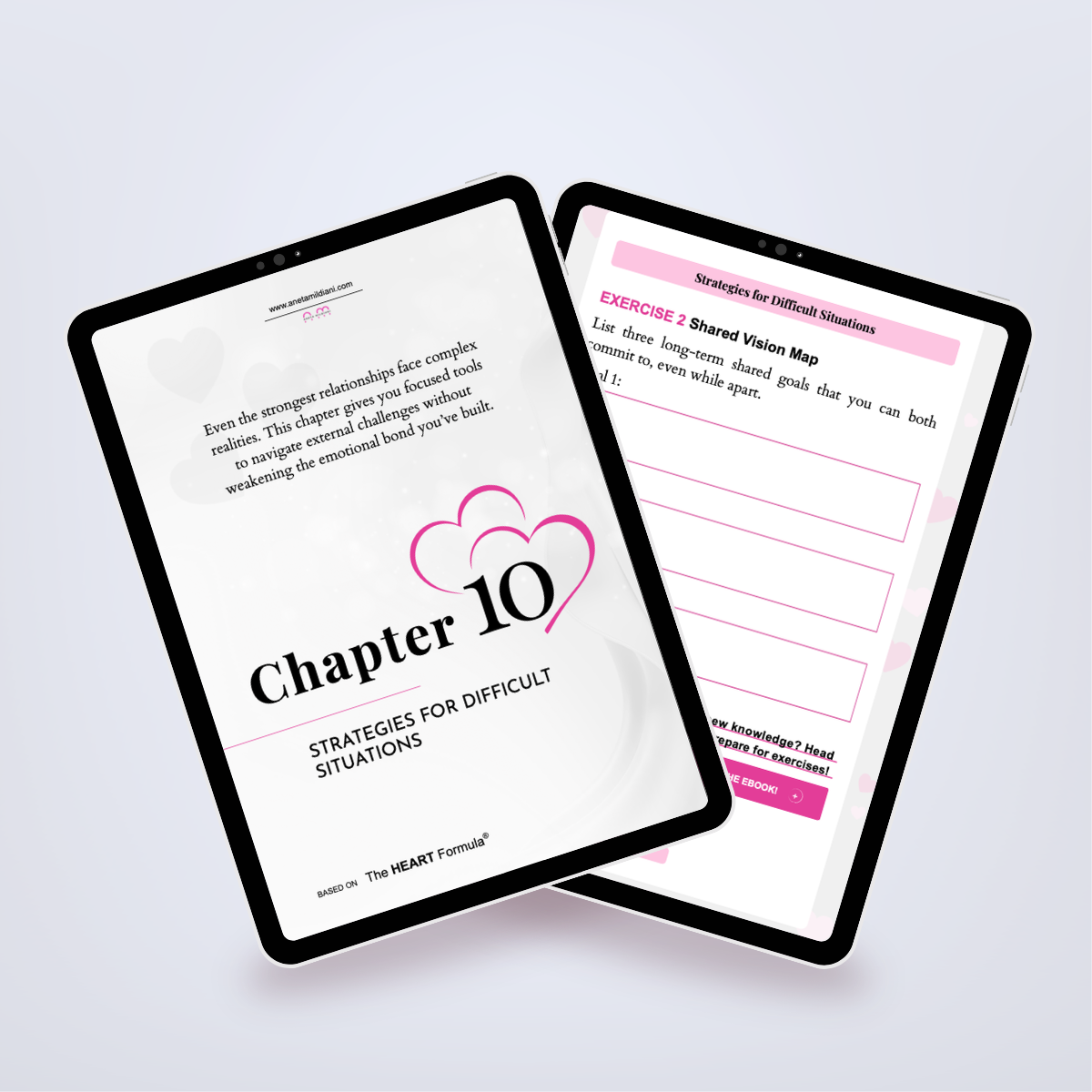 Pages from inside the workbook shown in a tablet mockup, covering the steps to ensure a partner's faithfulness. Title: 'The Loyalty Formula'. Author: Aneta Mildiani. Strategies for a secure, loving, and exclusive relationship.