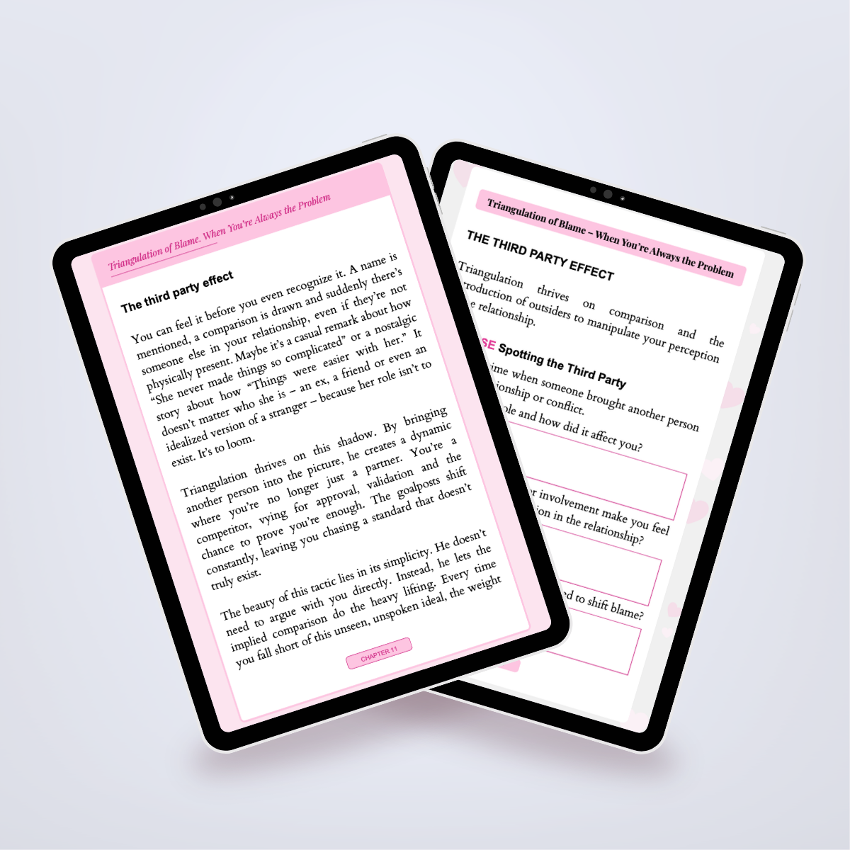 Pages from inside the power Set shown in a tablet mockup, detailing narcissistic tactics in relationships. Title: 'The Narcissist’s Toolbox Exposed'. Author: Aneta Mildiani. Essential reading for escaping unhealthy relationships and finding true love.