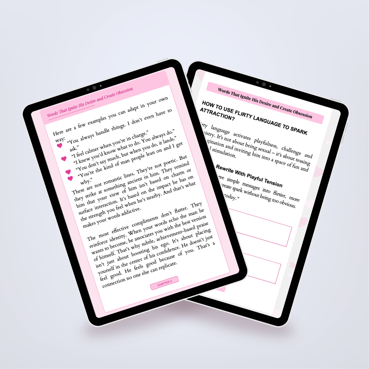 Pages from inside the Power Set shown in a tablet mockup, featuring examples of texts to build attraction. Title: 'The Power of Texting'. Author: Aneta Mildiani. Master the art of communication to deepen love and connection.
