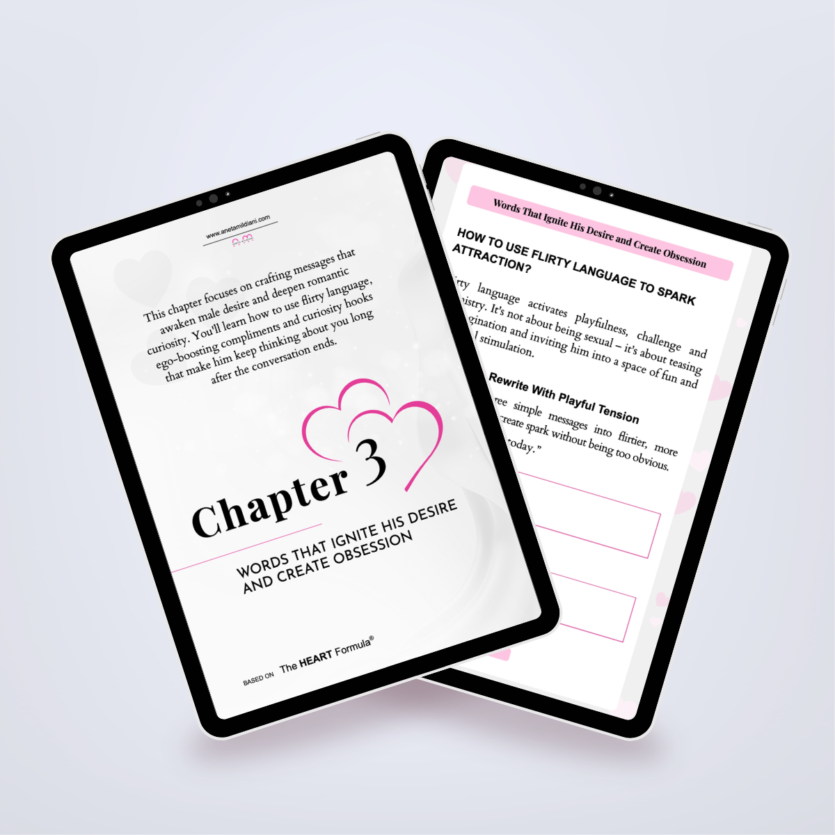 Pages from inside the workbook shown in a tablet mockup, featuring examples of texts to build attraction. Title: 'The Power of Texting'. Author: Aneta Mildiani. Master the art of communication to deepen love and connection.