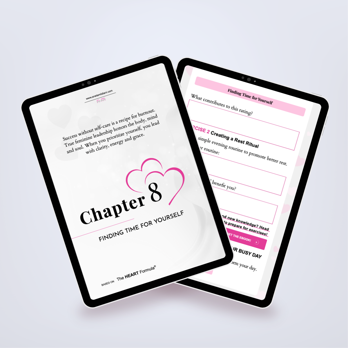 Additional internal pages of the workbook in a digital mockup, focused on professional and personal balance. Author: Aneta Mildiani. Integrating traditional values with a drive for success and loving relationships.
