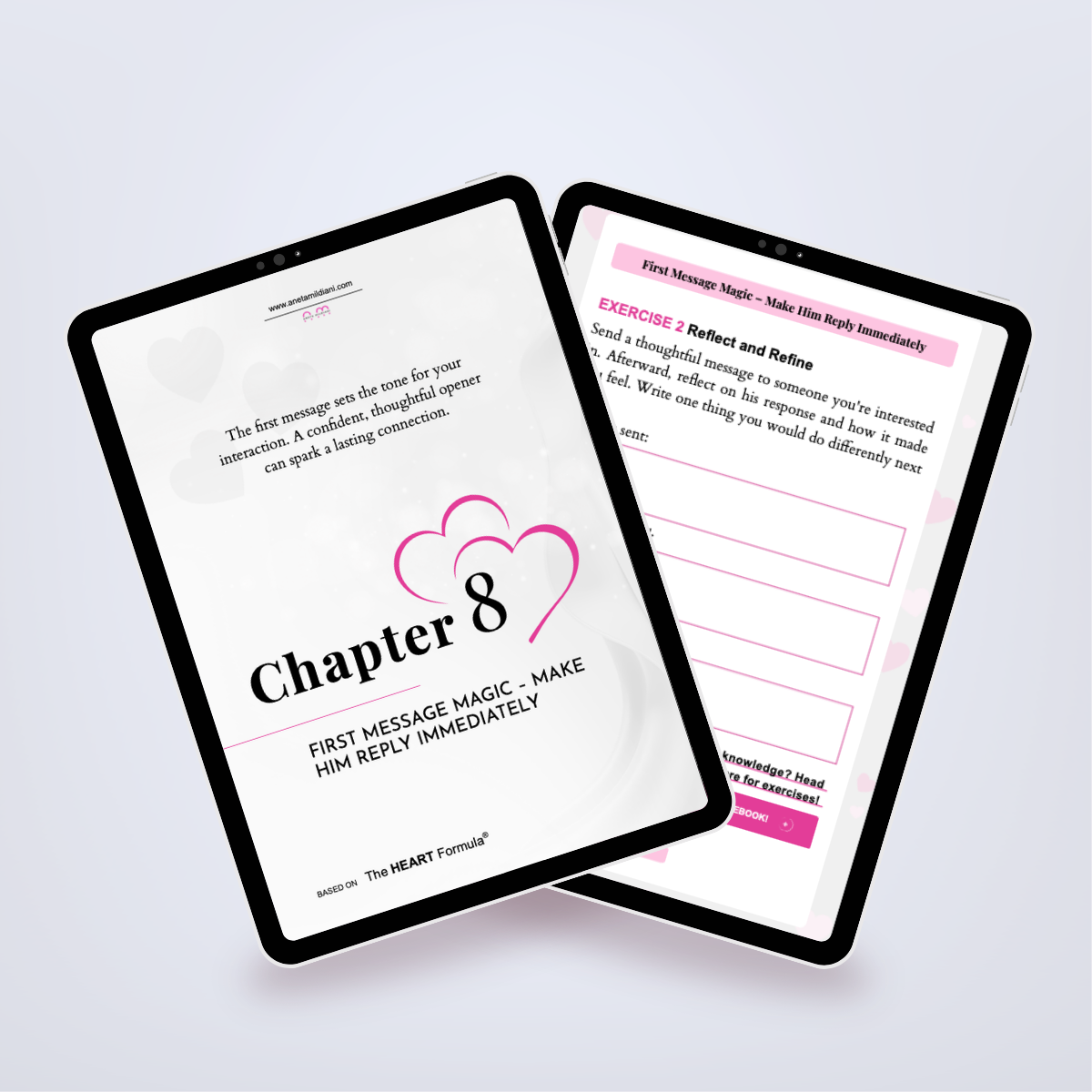 Additional internal pages of the workbook in a digital mockup, detailing common online dating mistakes. Author: Aneta Mildiani. Expert strategies for women seeking a committed, loving relationship.