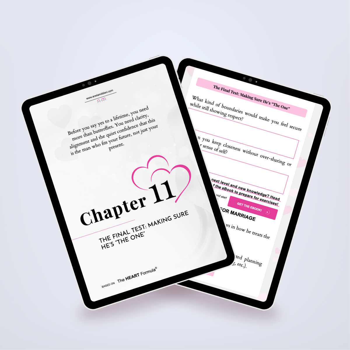 Additional internal pages of the workbook in a digital mockup, focused on attracting high-quality men. Author: Aneta Mildiani. Essential relationship coaching for securing a loving future.