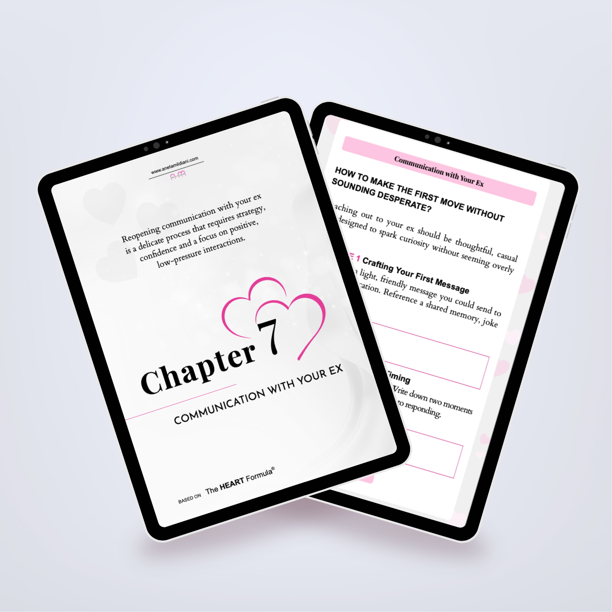 Additional internal pages of the workbook in a digital mockup, focusing on getting back your ex. Author: Aneta Mildiani. Expert advice on securing a loving, committed partnership.