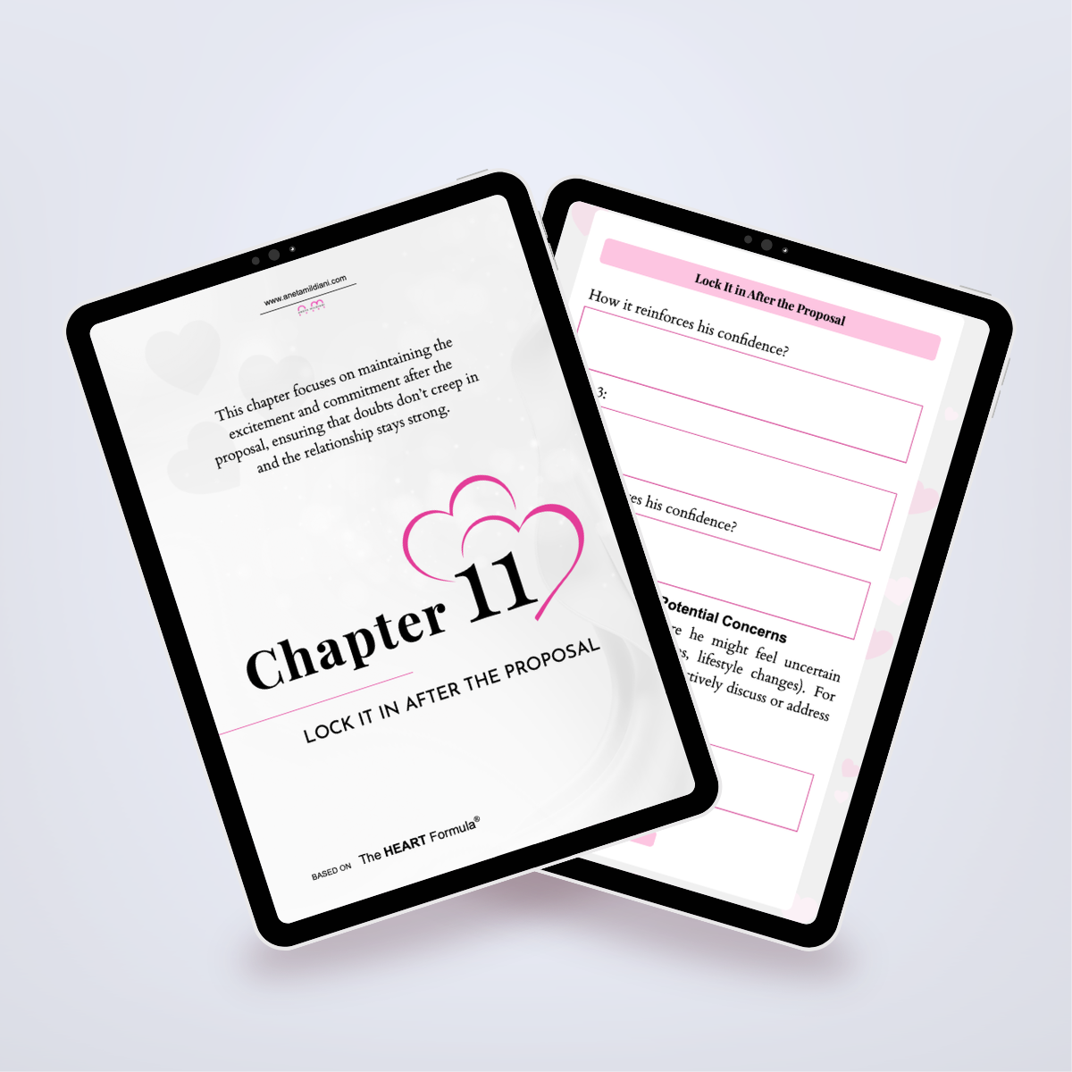 Additional internal pages of the workbook in a digital mockup, focused on getting an engagement ring. Author: Aneta Mildiani. Expert relationship coaching for women ready for lifelong love.