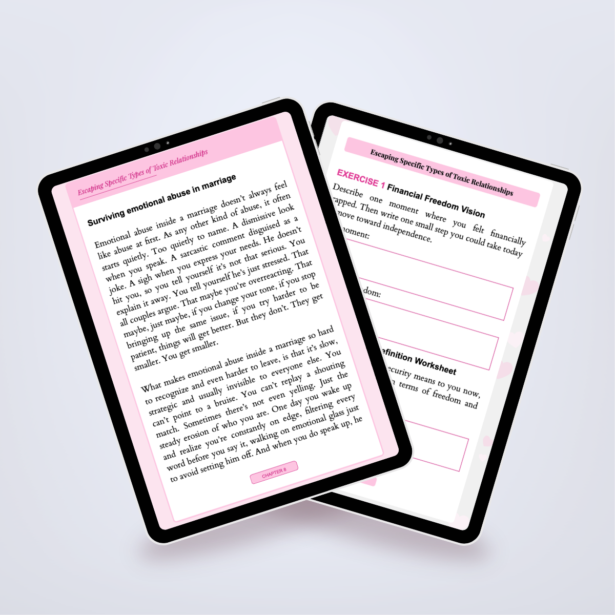 Additional internal pages of the power Set in a digital mockup, focused on achieving emotional freedom. Author: Aneta Mildiani. Crucial guide for developing self-love and attracting mature, secure love.