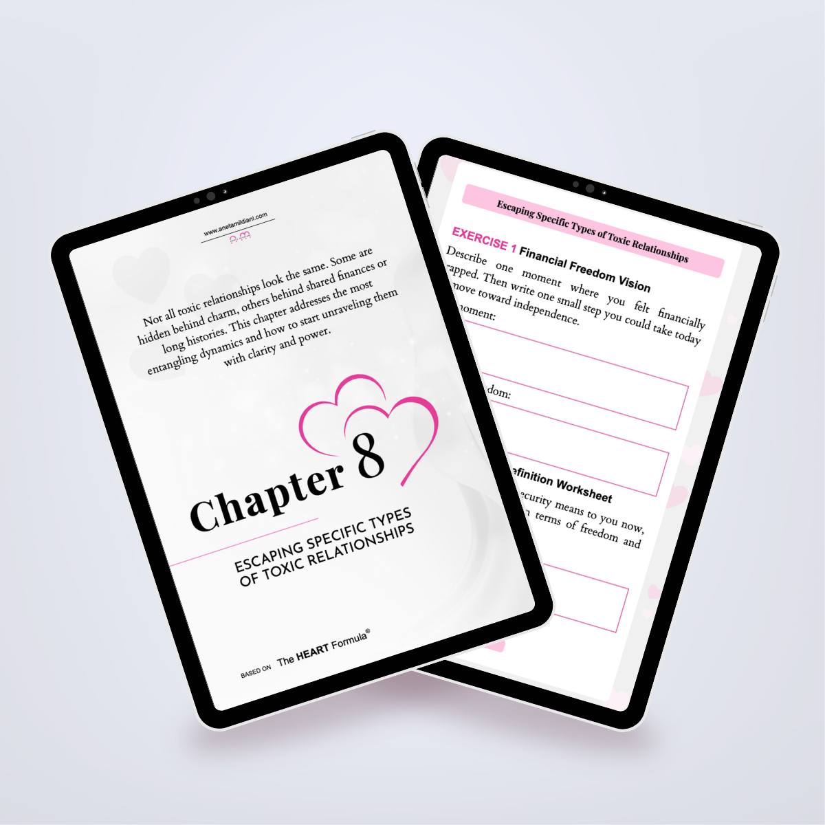 Additional internal pages of the workbook in a digital mockup, focused on achieving emotional freedom. Author: Aneta Mildiani. Crucial guide for developing self-love and attracting mature, secure love.