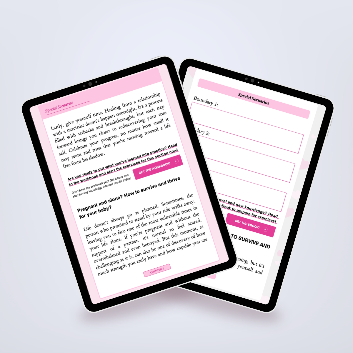 Additional internal pages of the Power Set in a digital mockup, focused on post-breakup transformation. Aneta Mildiani. Expert guidance for recovering and moving towards a loving future.
