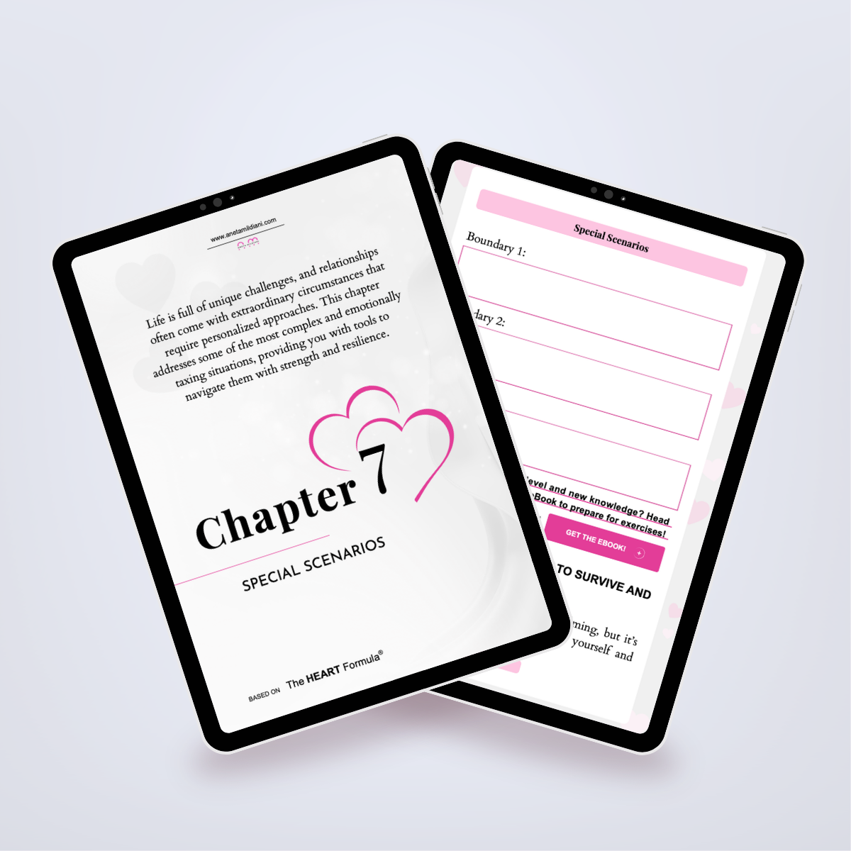 Additional internal pages of the workbook in a digital mockup, focused on post-breakup transformation. Aneta Mildiani. Expert guidance for recovering and moving towards a loving future.
