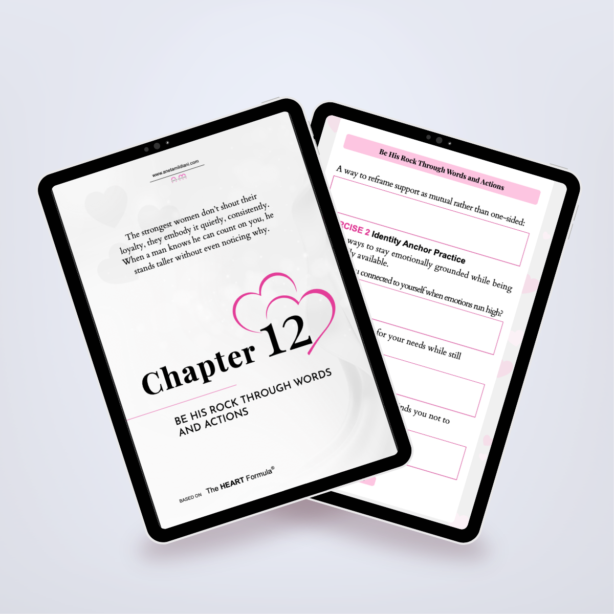 Additional internal pages of the workbook in a digital mockup, focused on influencing men through words. Author: Aneta Mildiani. Expert relationship coaching for women seeking genuine connection and love.